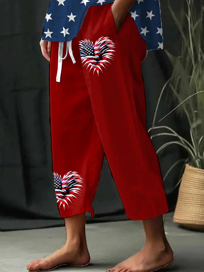 Women's Retro Independence Day Flag Heart Fireworks Print Wide Leg Pants