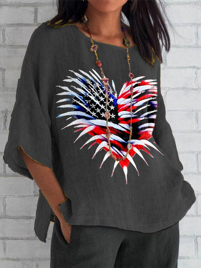 Women's Retro Independence Day Flag Heart Fireworks Print Top