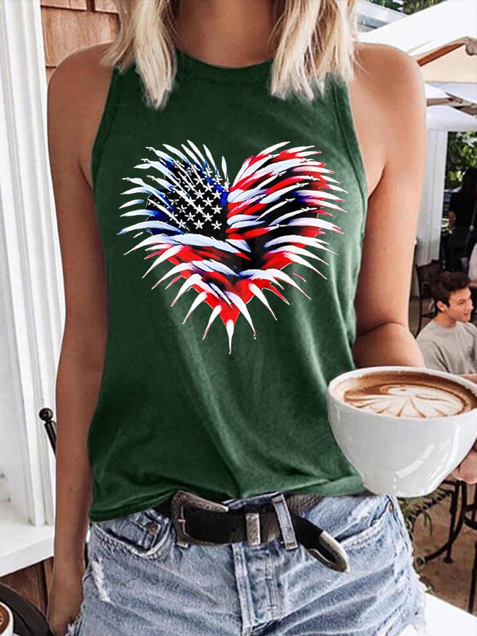 Women's Retro Independence Day Flag Heart Fireworks Print Round Neck Tank Top