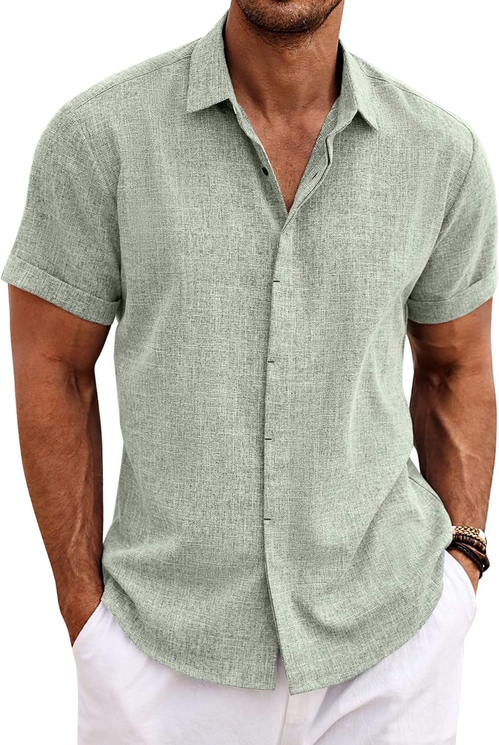 🔥Men's Linen Shirts Short Sleeve Casual Shirts Button Down Shirt for Men Beach Summer Wedding Shirt