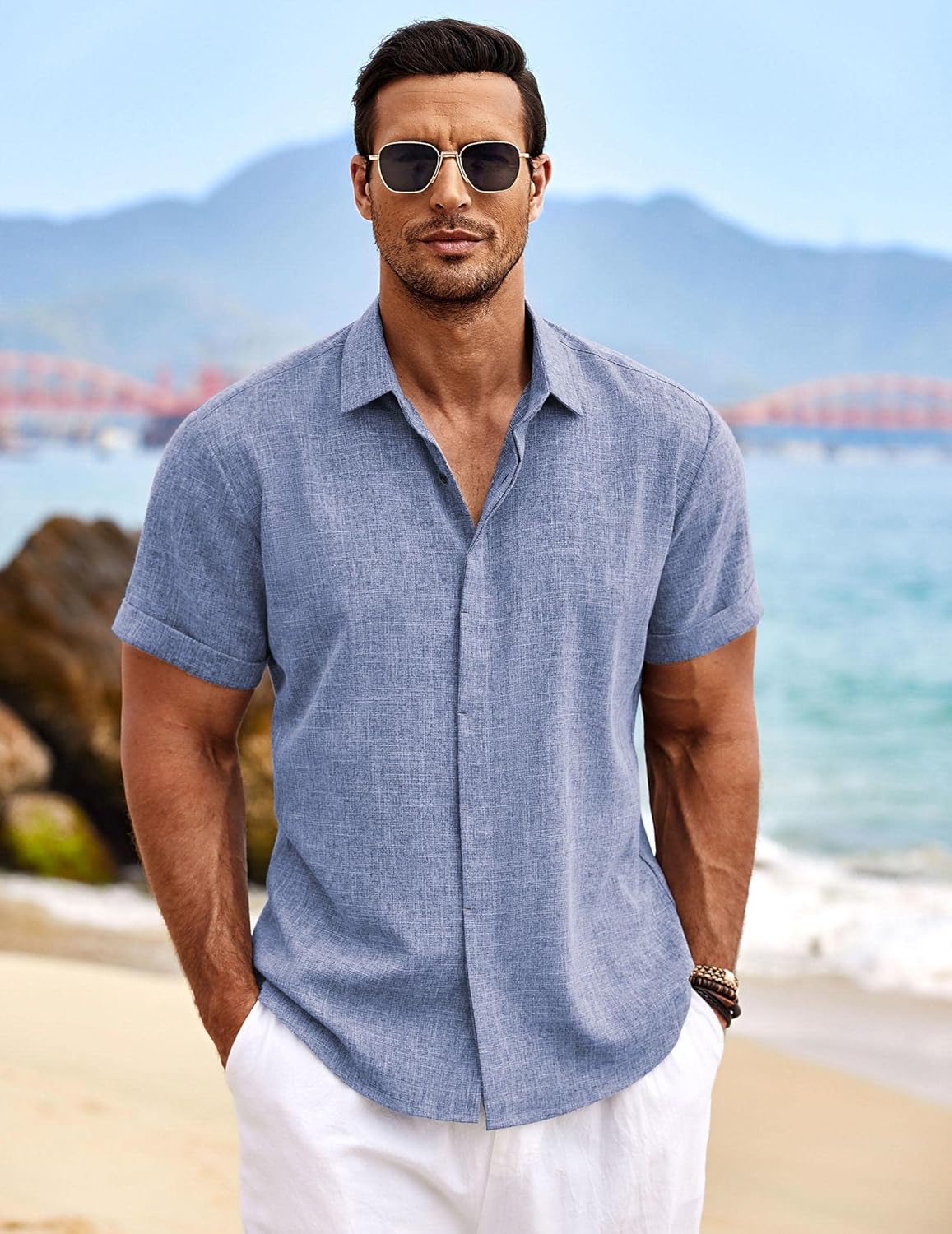 🔥Men's Linen Shirts Short Sleeve Casual Shirts Button Down Shirt for Men Beach Summer Wedding Shirt