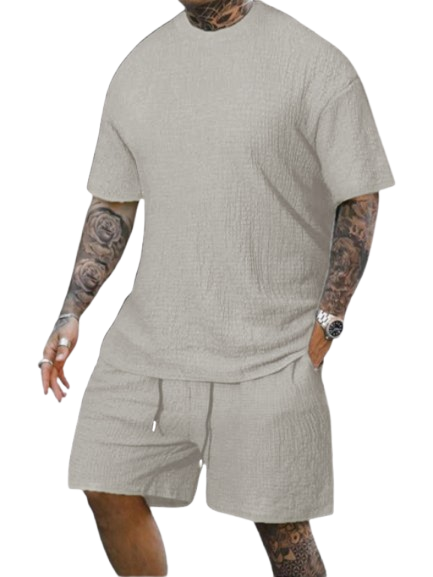 8 Pack-Men's Solid Textured Round Neck Tee & Drawstring Waist Shorts