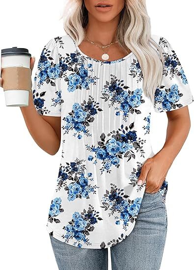 🔥Last Day Promotion🔥Womens T Shirts Short Sleeve Pleated Dressy Casual Scooped Neck Summer Tops Blouses