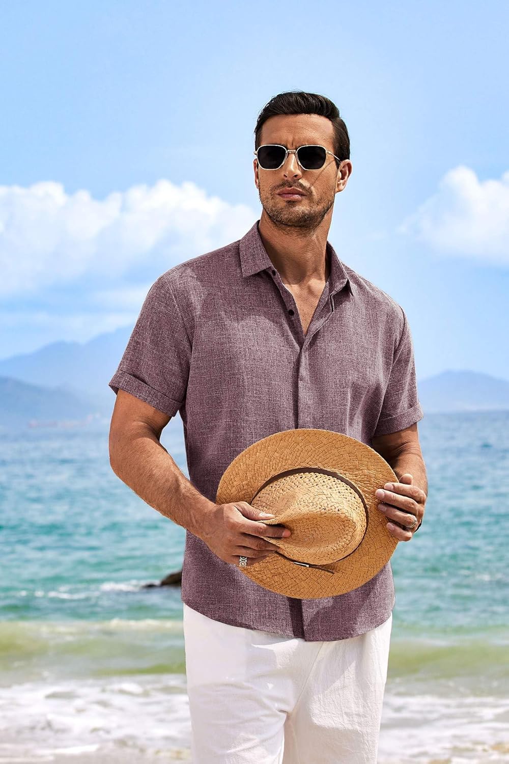 🔥Men's Linen Shirts Short Sleeve Casual Shirts Button Down Shirt for Men Beach Summer Wedding Shirt