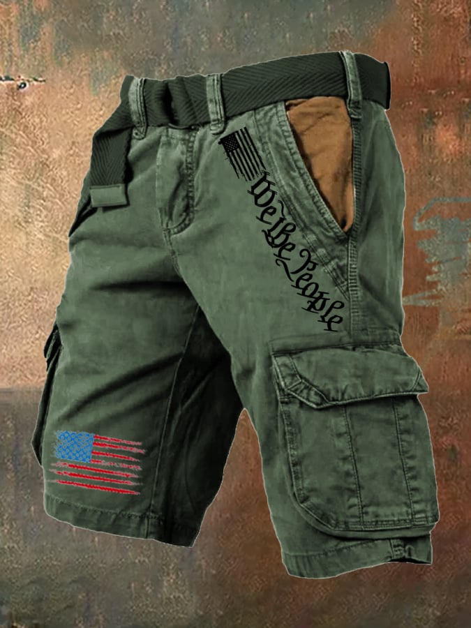 Men's Vintage Flag Independence Day Multi-Pocket Print Cargo Shorts (Belt Included)