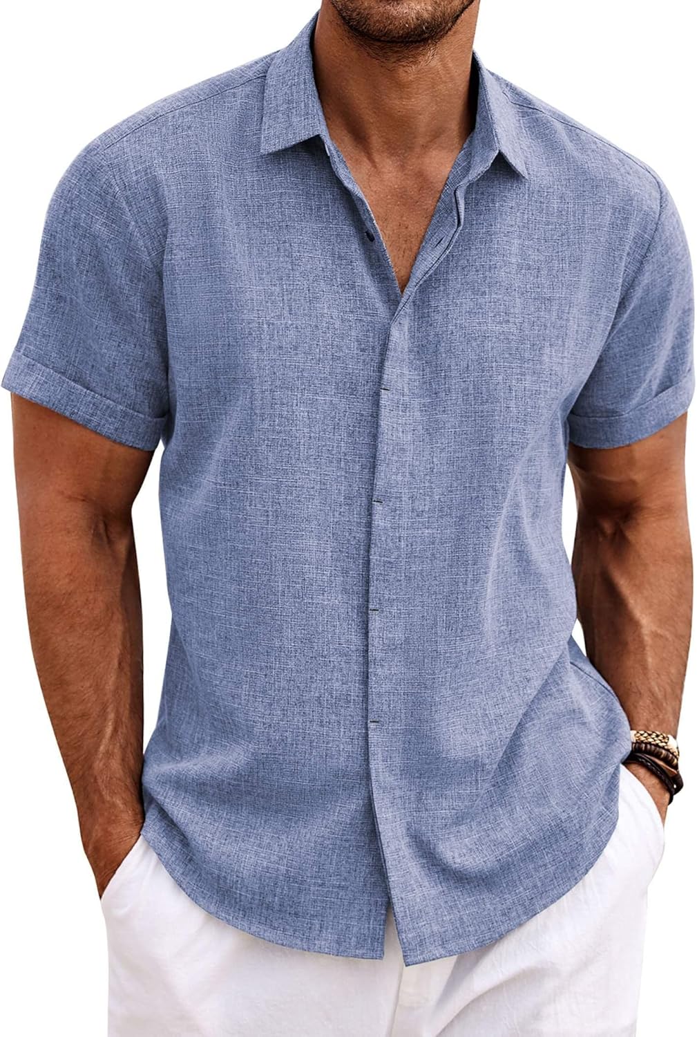 🔥Men's Linen Shirts Short Sleeve Casual Shirts Button Down Shirt for Men Beach Summer Wedding Shirt