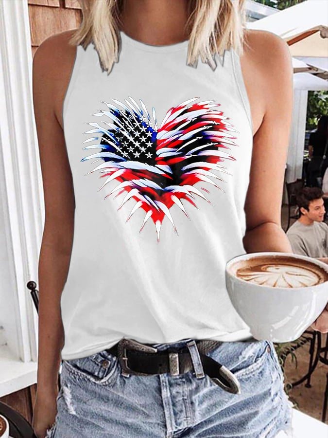 Women's Retro Independence Day Flag Heart Fireworks Print Round Neck Tank Top