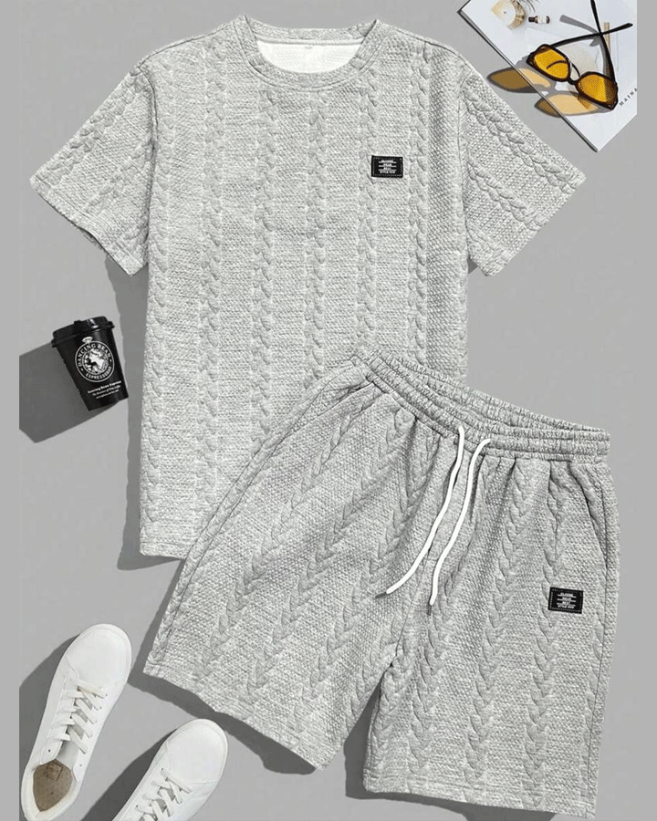 Men's Solid Textured Patched Tee & Drawstring Waist Shorts Set