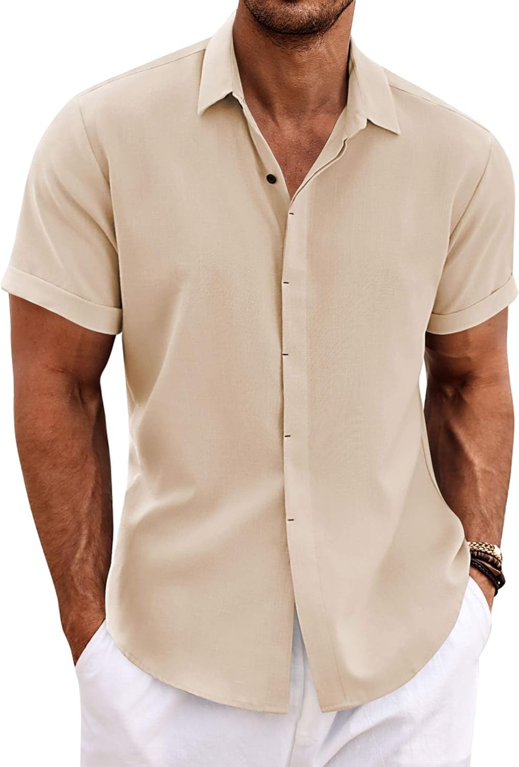 🔥Men's Linen Shirts Short Sleeve Casual Shirts Button Down Shirt for Men Beach Summer Wedding Shirt