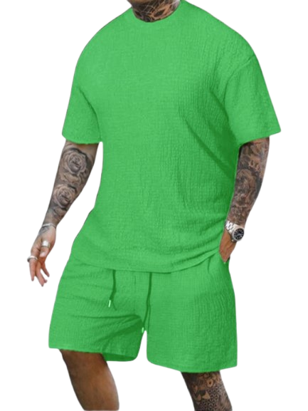 8 Pack-Men's Solid Textured Round Neck Tee & Drawstring Waist Shorts