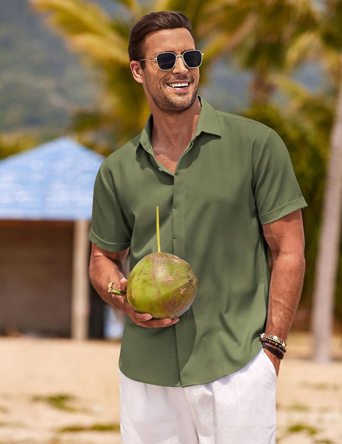 🔥Men's Linen Shirts Short Sleeve Casual Shirts Button Down Shirt for Men Beach Summer Wedding Shirt
