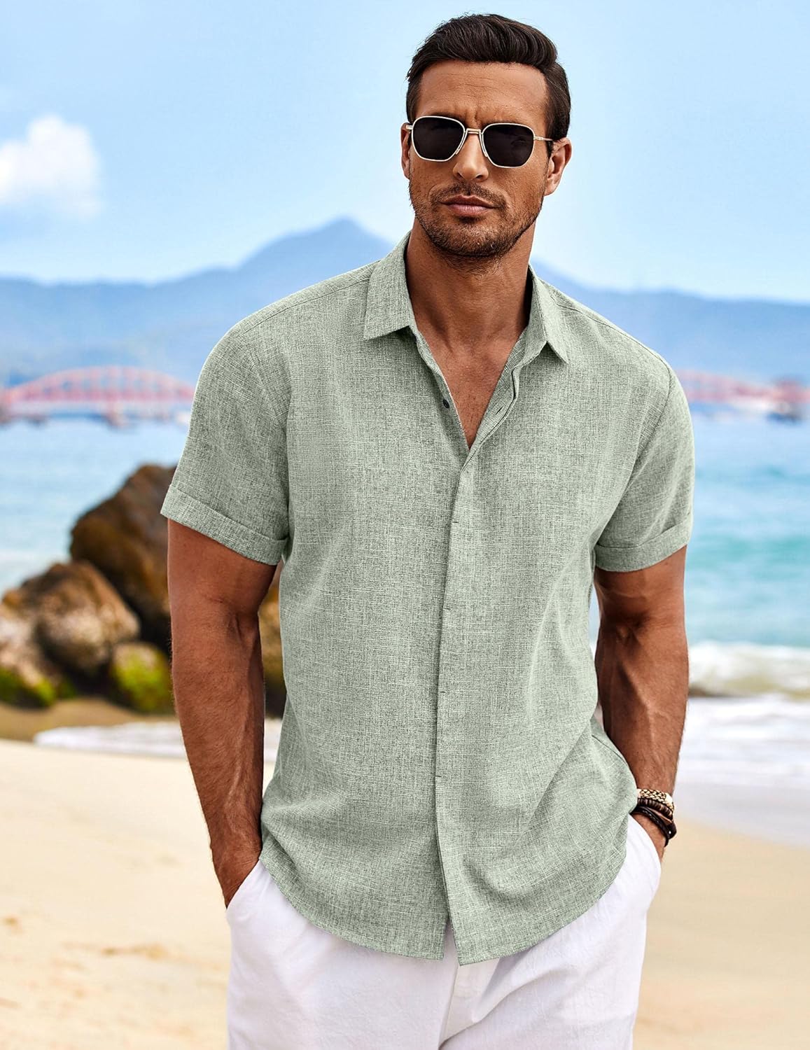 🔥Men's Linen Shirts Short Sleeve Casual Shirts Button Down Shirt for Men Beach Summer Wedding Shirt