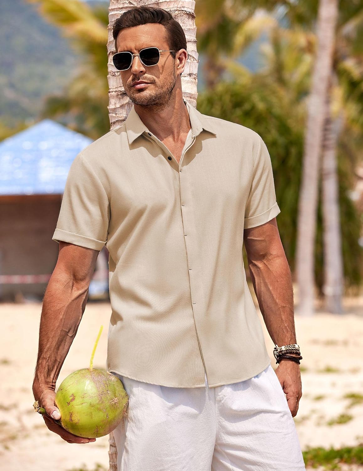 🔥Men's Linen Shirts Short Sleeve Casual Shirts Button Down Shirt for Men Beach Summer Wedding Shirt