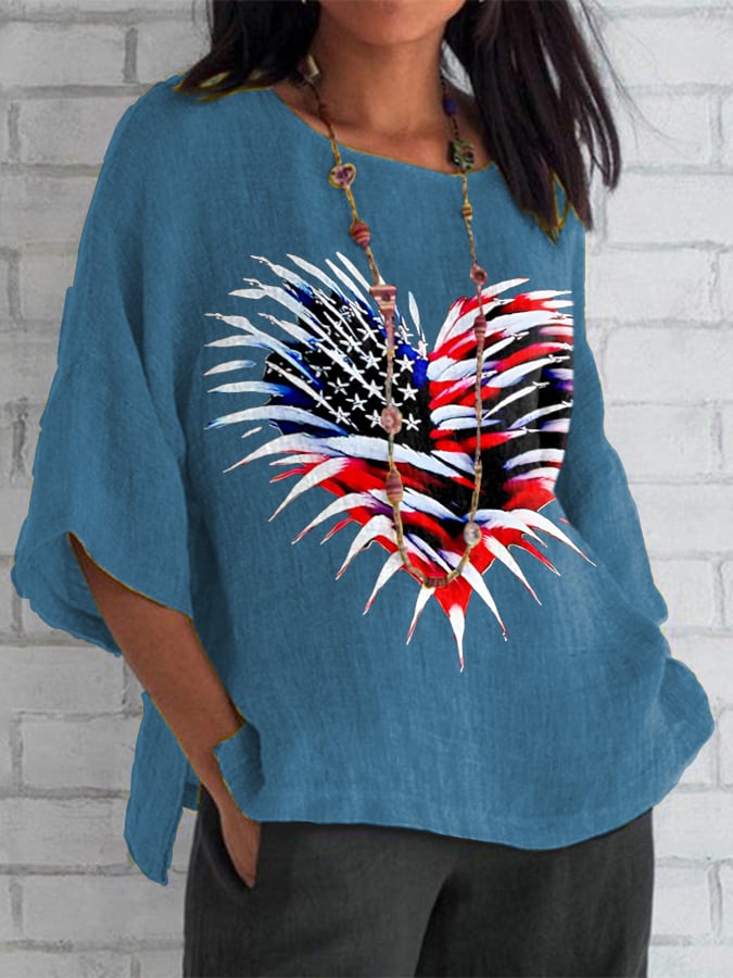 Women's Retro Independence Day Flag Heart Fireworks Print Top