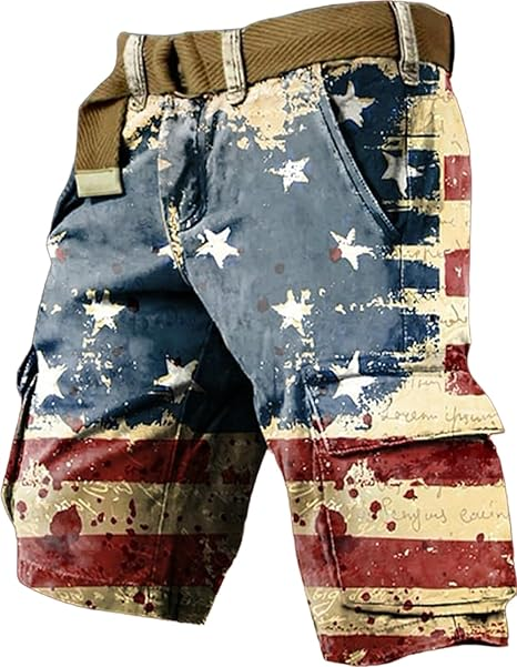 Men's Vintage Flag Independence Day Multi-Pocket Print Cargo Shorts (Belt Included)