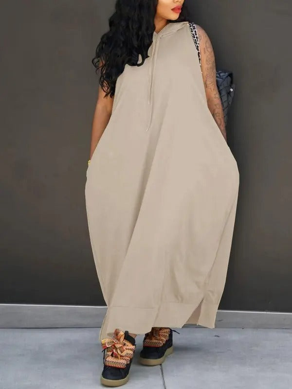 š„Last day promotionā°-Women's Plain Drawstring Hooded Tank Dress, Casual Pocket Sleeveless Maxi Dress for Summer, Fashion Women's Clothing for Daily Wear
