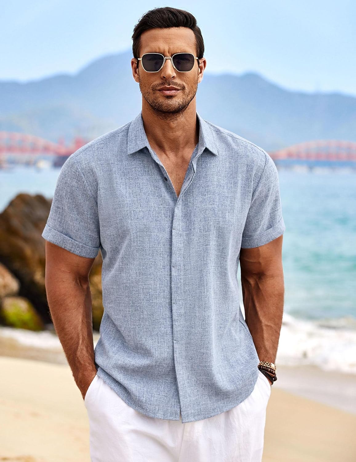 🔥Men's Linen Shirts Short Sleeve Casual Shirts Button Down Shirt for Men Beach Summer Wedding Shirt