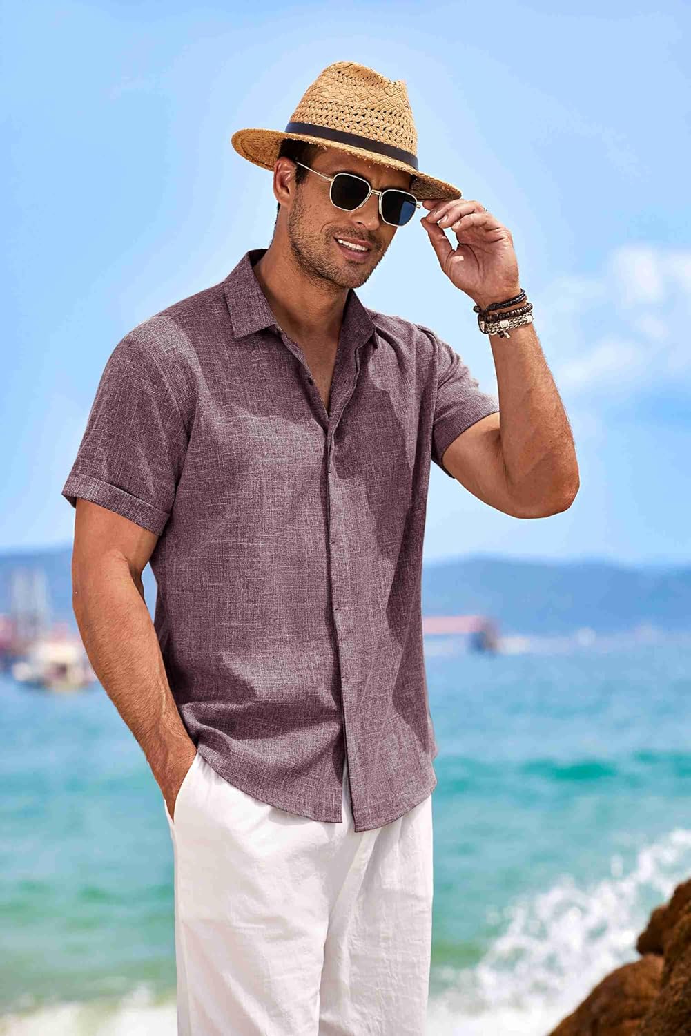 🔥Men's Linen Shirts Short Sleeve Casual Shirts Button Down Shirt for Men Beach Summer Wedding Shirt