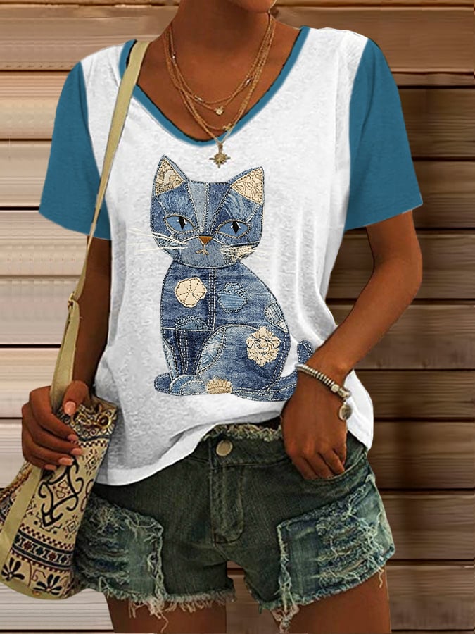 Women's Retro Animal Cat Print T-Shirt