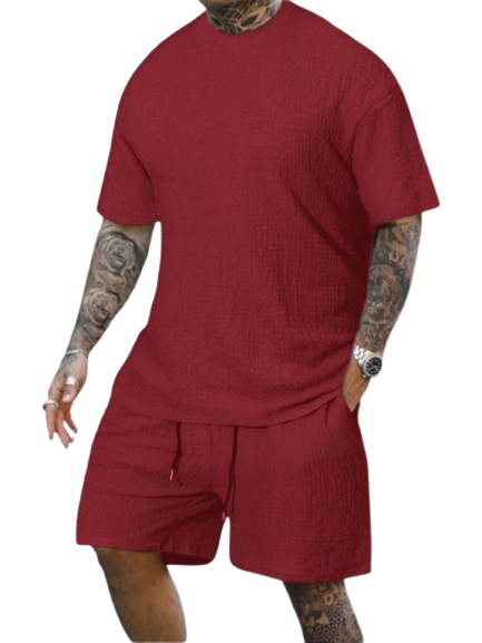 8 Pack-Men's Solid Textured Round Neck Tee & Drawstring Waist Shorts