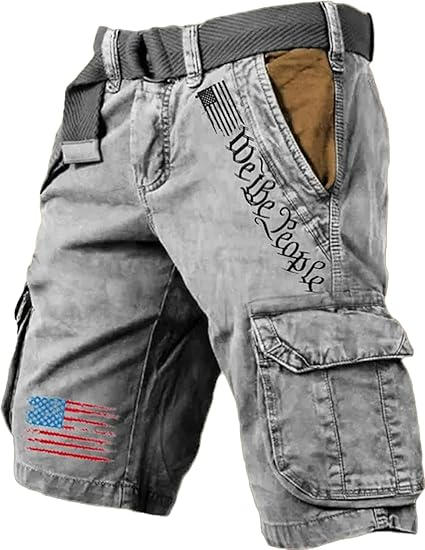 Men's Vintage Flag Independence Day Multi-Pocket Print Cargo Shorts (Belt Included)