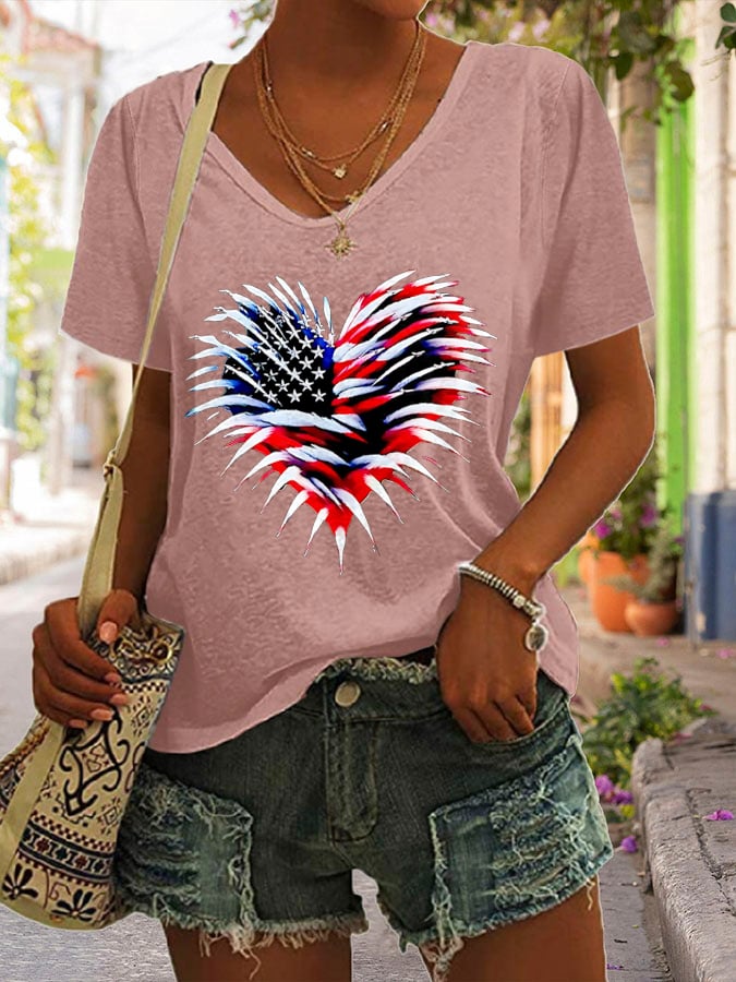 Retro Independence Day Flag Heart Fireworks Print V-Neck T-Shirt