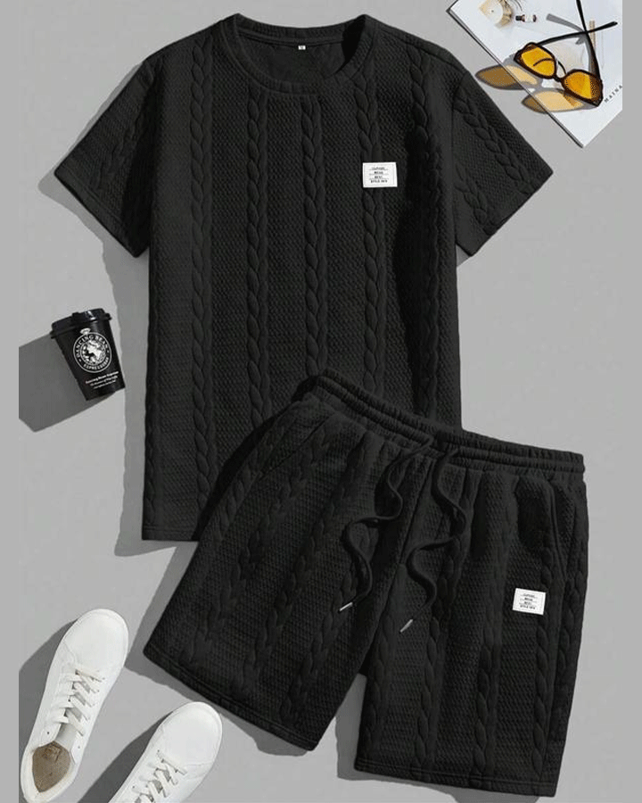 Men's Solid Textured Patched Tee & Drawstring Waist Shorts Set