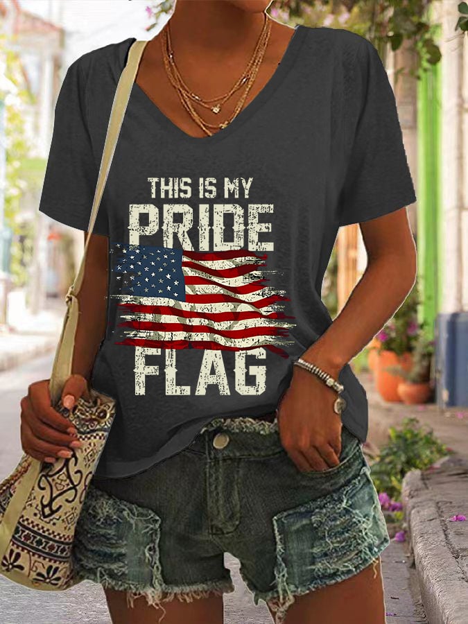Women's Casual Independence Day Printed V-Neck Short Sleeve T-Shirt