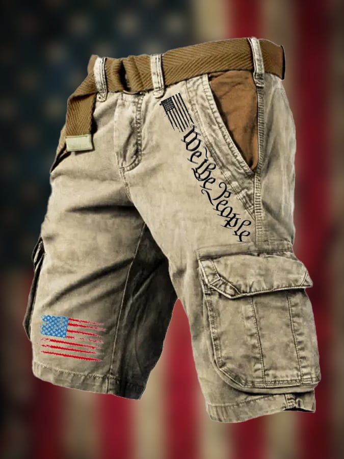 Men's Vintage Flag Independence Day Multi-Pocket Print Cargo Shorts (Belt Included)