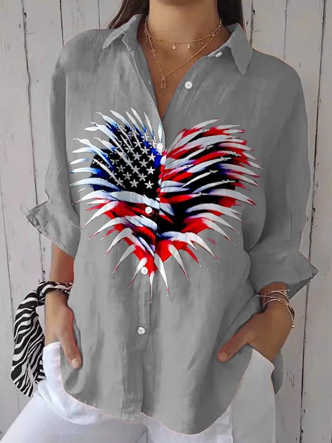 Women's Retro Independence Day Flag Heart Fireworks Print Casual Shirt