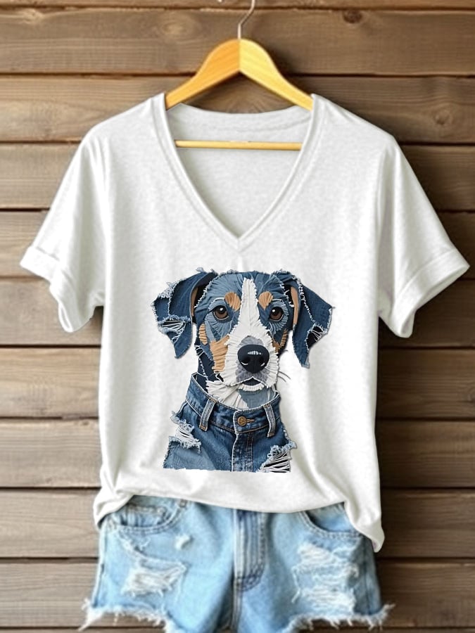 Women's Retro Funny Animal Dog Print V-Neck T-Shirt