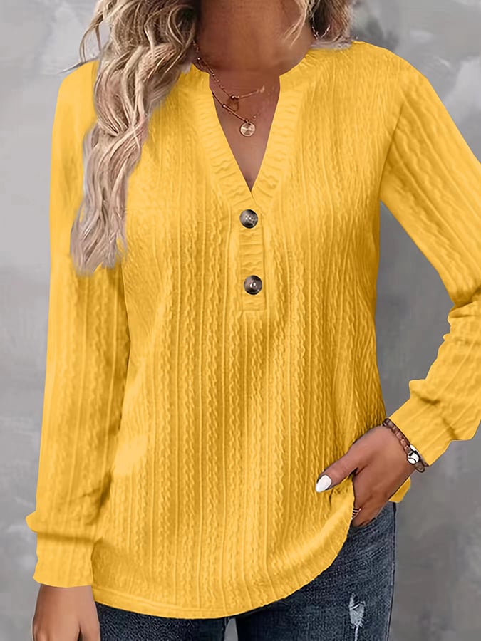 Women's Jacquard Casual Long Sleeve Solid Color V-Neck Button Knit Shirt