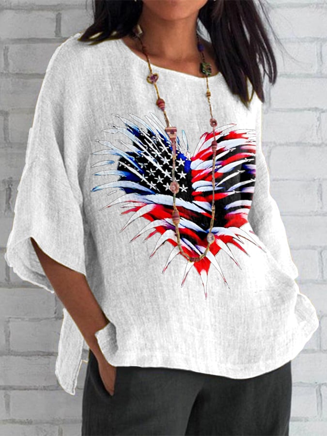 Women's Retro Independence Day Flag Heart Fireworks Print Top