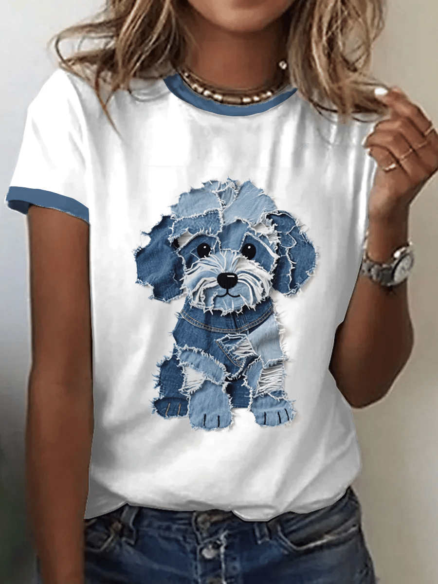 Women's Retro Funny Animal Dog Print Crew Neck T-Shirt