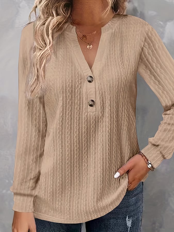 Women's Jacquard Casual Long Sleeve Solid Color V-Neck Button Knit Shirt