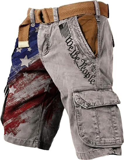 Men's Vintage Flag Independence Day Multi-Pocket Print Cargo Shorts (Belt Included)