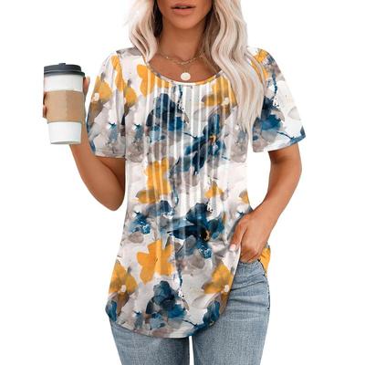 🔥Last Day Promotion🔥Womens T Shirts Short Sleeve Pleated Dressy Casual Scooped Neck Summer Tops Blouses