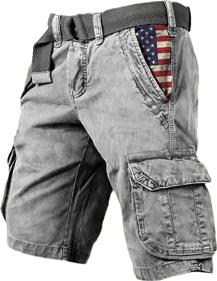 Men's Vintage Flag Independence Day Multi-Pocket Print Cargo Shorts (Belt Included)
