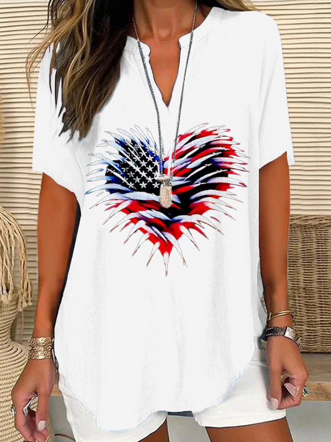 Women's Retro Independence Day Flag Heart Fireworks Print Short Sleeve Shirt
