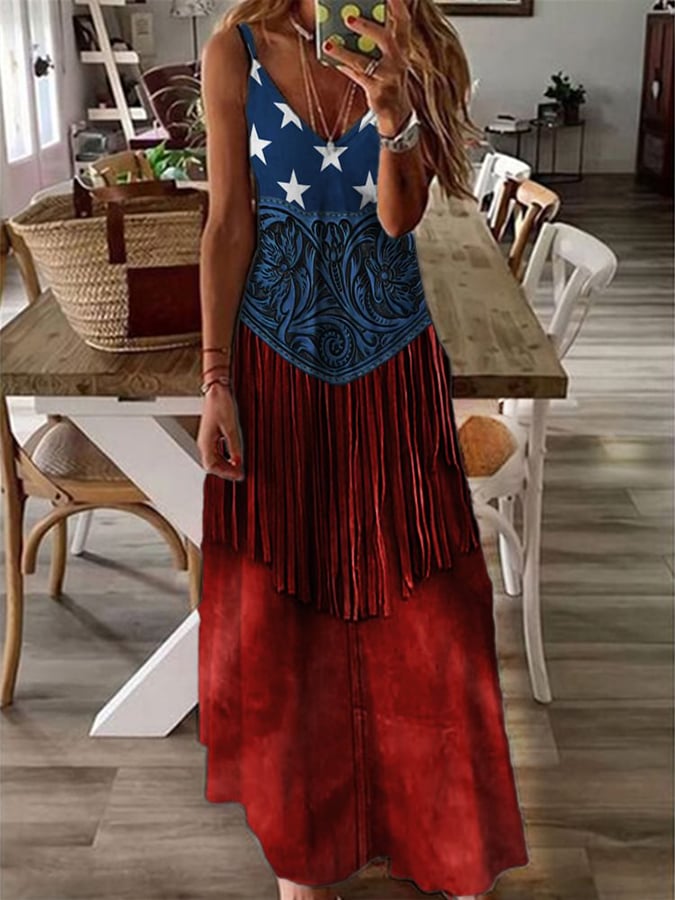 Women's American Flag Pattern Floral Tassel Art Print Sleeveless Maxi Dress