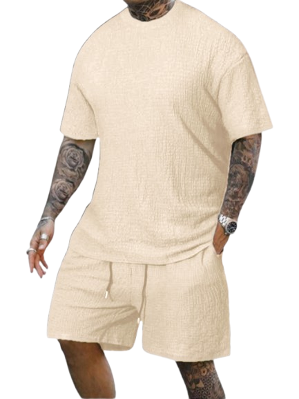 8 Pack-Men's Solid Textured Round Neck Tee & Drawstring Waist Shorts
