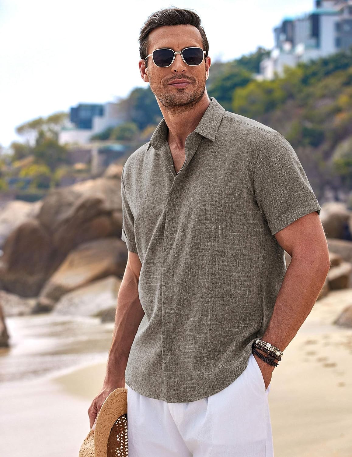 🔥Men's Linen Shirts Short Sleeve Casual Shirts Button Down Shirt for Men Beach Summer Wedding Shirt