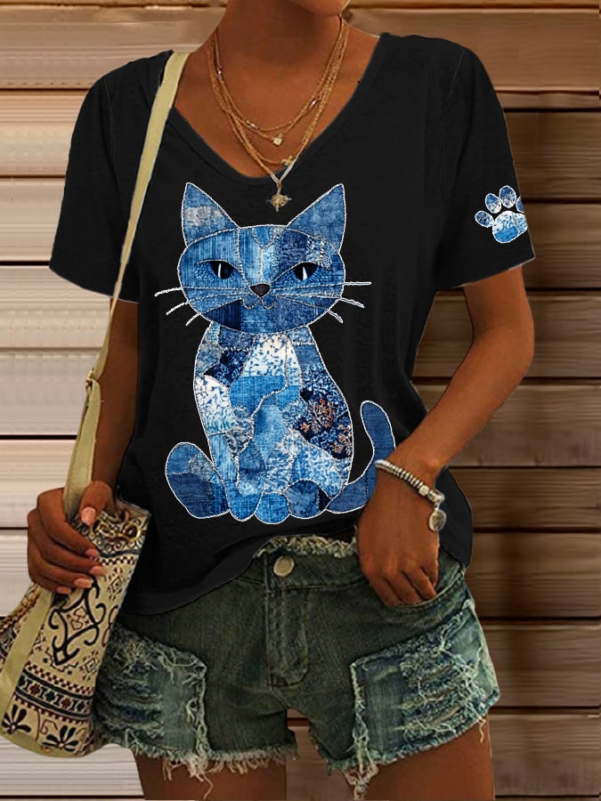 Women's Retro Animal Cat Print V-Neck T-Shirt