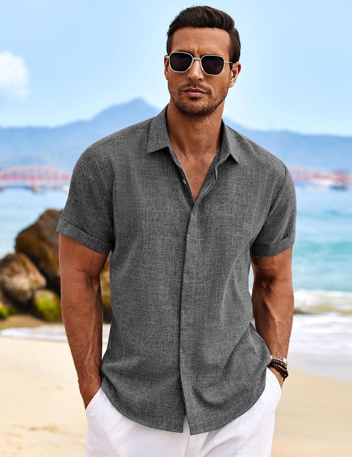 🔥Men's Linen Shirts Short Sleeve Casual Shirts Button Down Shirt for Men Beach Summer Wedding Shirt
