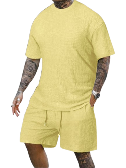 8 Pack-Men's Solid Textured Round Neck Tee & Drawstring Waist Shorts
