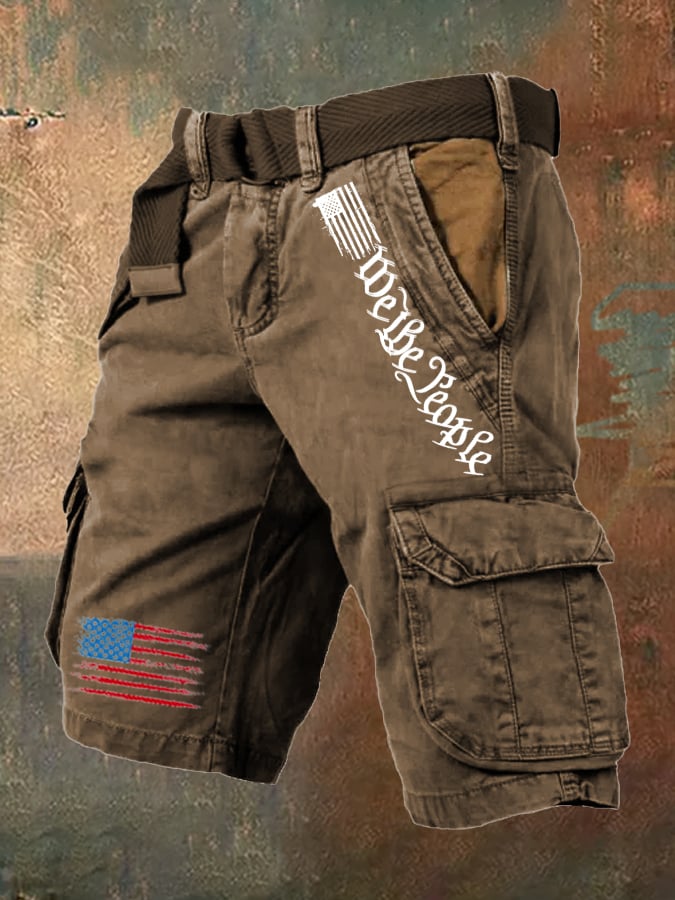 Men's Vintage Flag Independence Day Multi-Pocket Print Cargo Shorts (Belt Included)