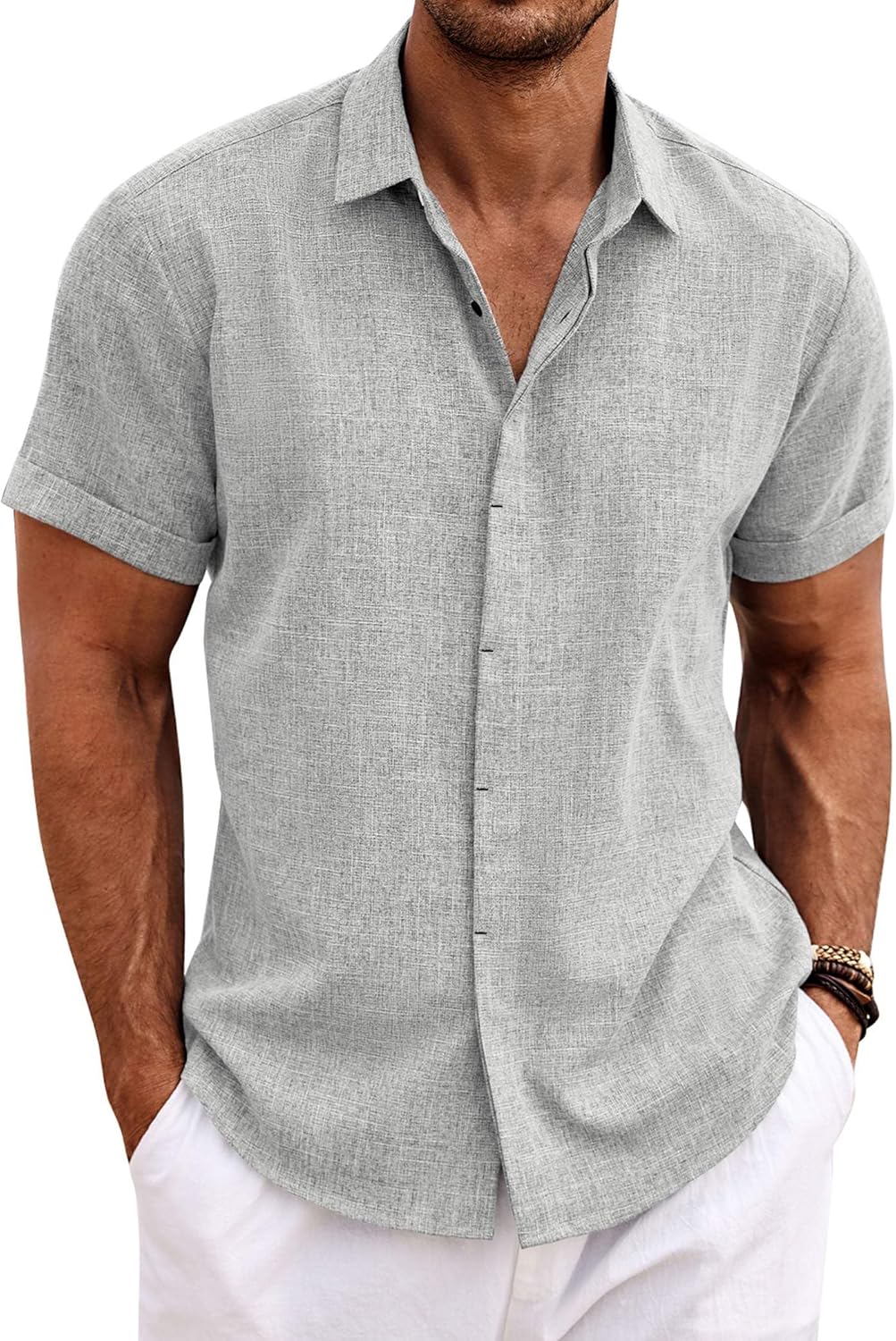 🔥Men's Linen Shirts Short Sleeve Casual Shirts Button Down Shirt for Men Beach Summer Wedding Shirt