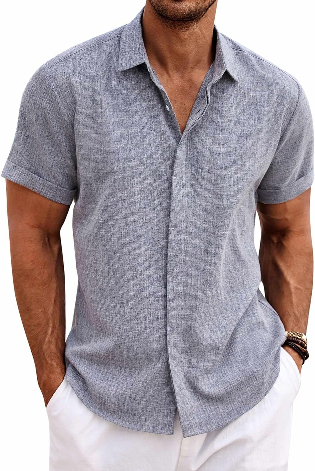 🔥Men's Linen Shirts Short Sleeve Casual Shirts Button Down Shirt for Men Beach Summer Wedding Shirt