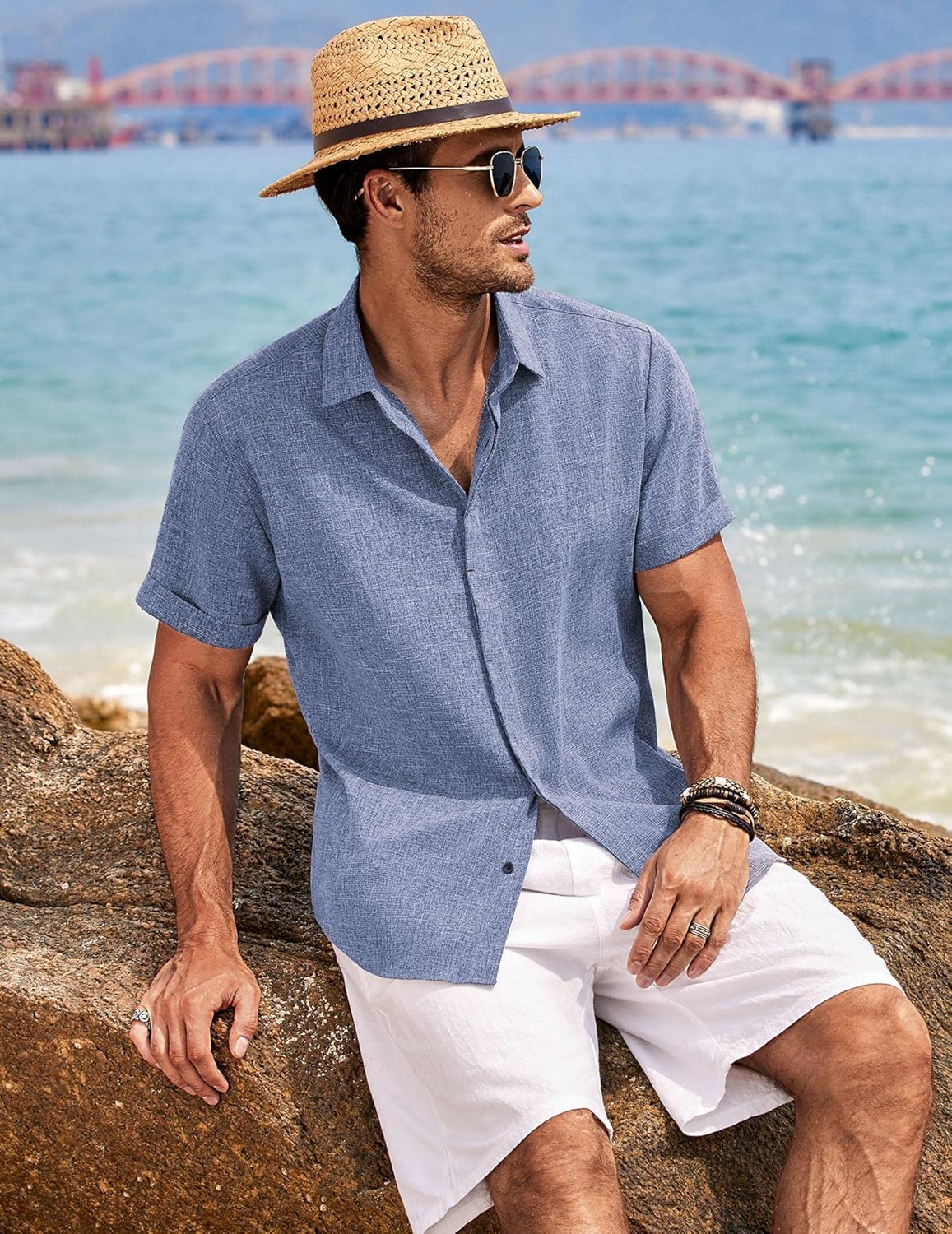 🔥Men's Linen Shirts Short Sleeve Casual Shirts Button Down Shirt for Men Beach Summer Wedding Shirt