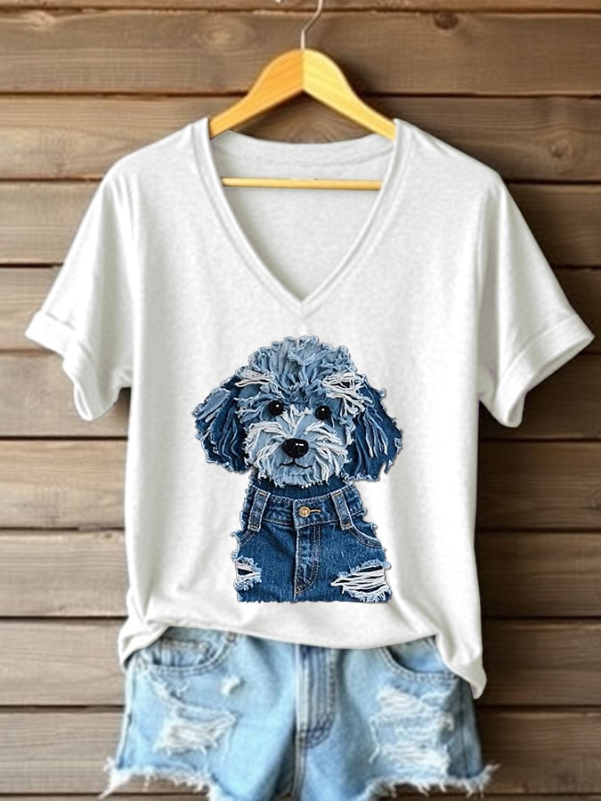 Women's Retro Funny Animal Dog Print V-Neck T-Shirt